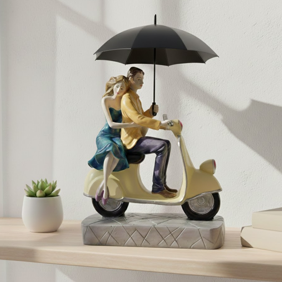 Romantic Love Couple on Scooter with Umbrella Figurine