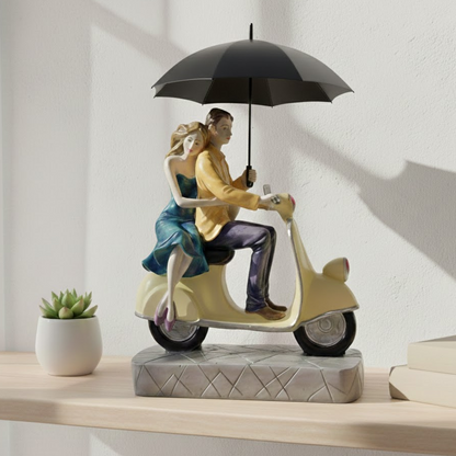 Romantic Love Couple on Scooter with Umbrella Figurine