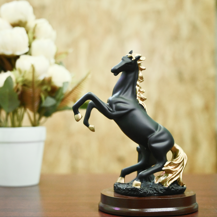 Black Horse with Golden Hair Status for Home Decor