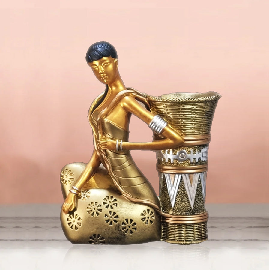 Golden Grace: Tribal Woman Figurine Planter